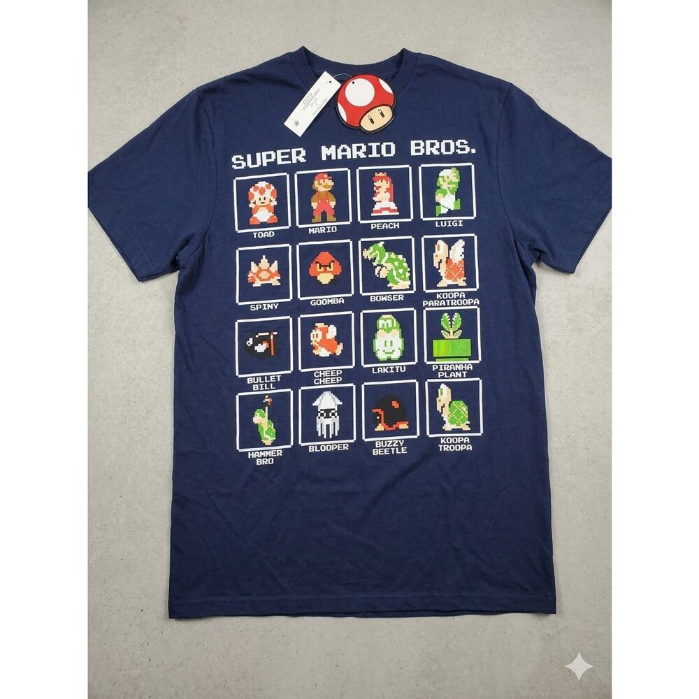 NWT Nintendo Super Mario Bros. 8-Bit Pixel Character Tee - Navy Blue - Small